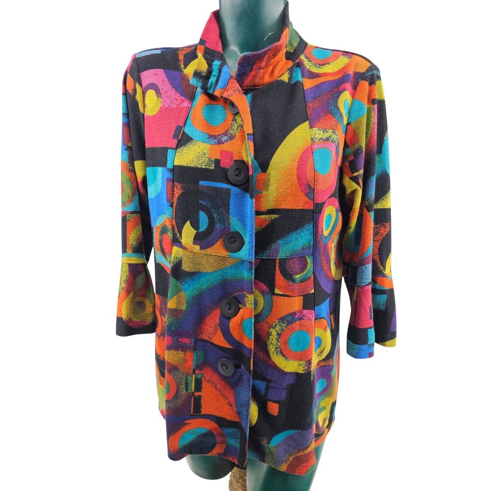 Ali Miles Brushed Knit Abstract 3/4 Sleeve Button Shirt Jacket Women's S 3829
